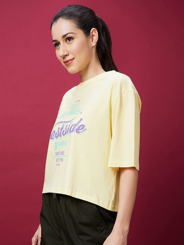 Globus Women Yellow Typography Print Drop-Shoulder Sleeves Crop Boxy Tshirt