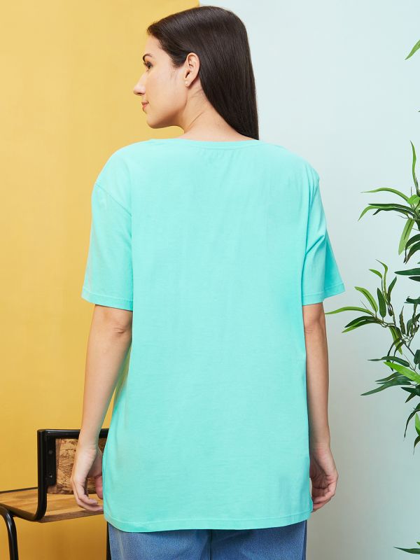 Globus Women Mint Green Typography Print Drop Shoulder Sleeves Oversized Tshirt