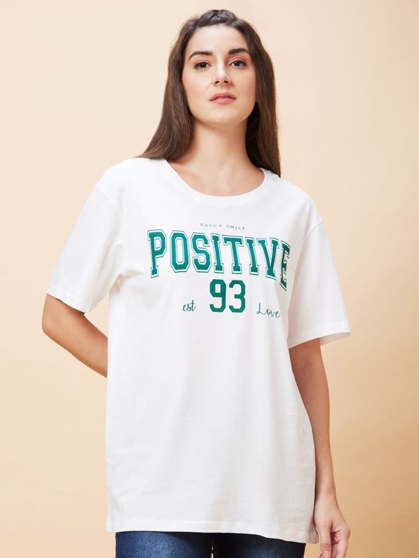 Globus Women Ivory Typography Print Round Neck Casual Oversized T-Shirt