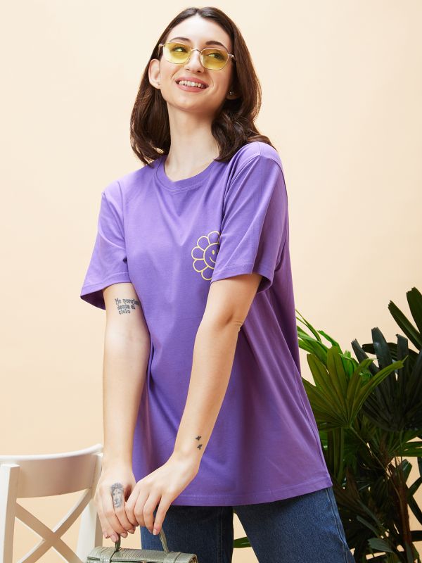 Globus Women Purple Typography Back Print Round Neck Oversized Casual T-Shirt