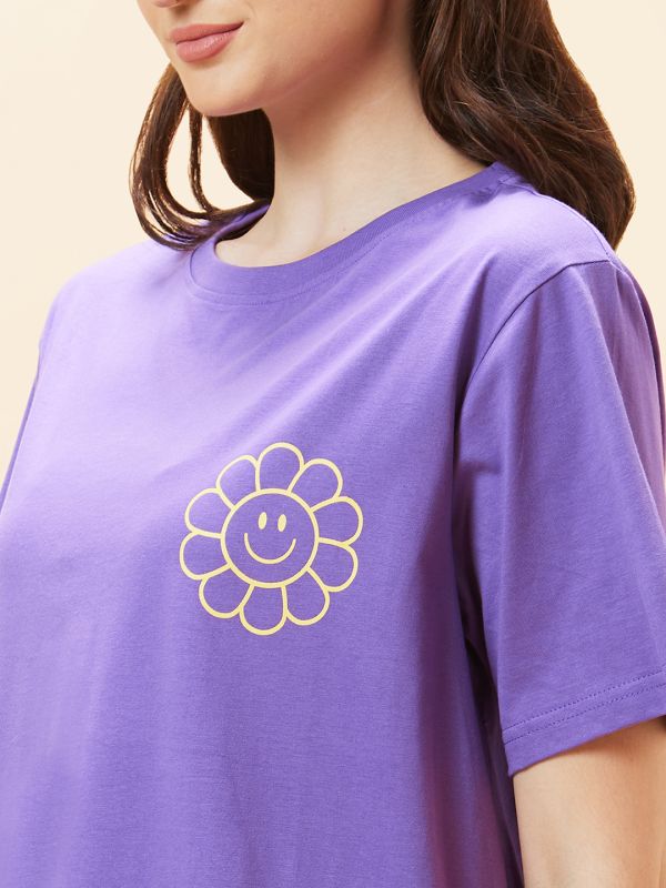 Globus Women Purple Typography Back Print Round Neck Oversized Casual T-Shirt