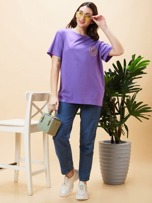 Globus Women Purple Typography Back Print Round Neck Oversized Casual T-Shirt