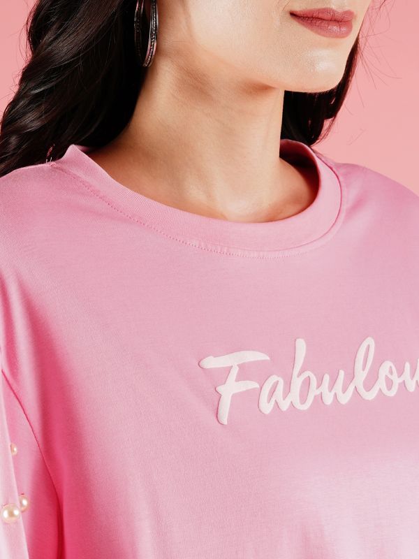 Globus Women Pink Studded & Typography Printed Drop Shoulder Boxy T-Shirt