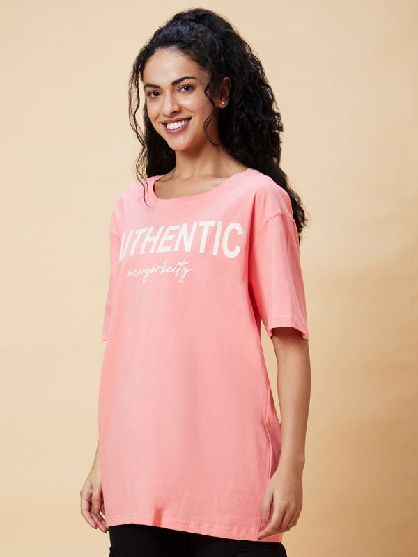 Globus Women Pink Typography Print Round Neck Casual Oversized T-Shirt