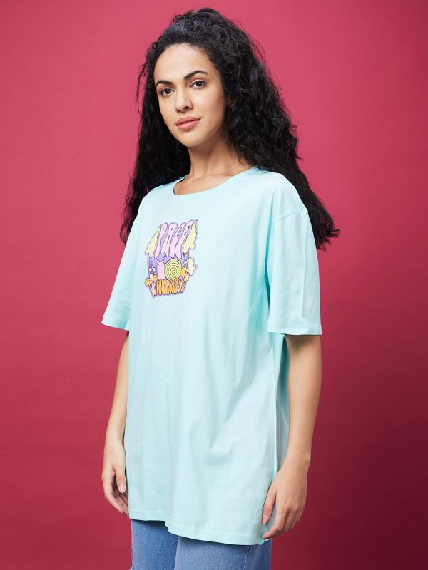 Globus Women Mint Green Oversized Graphic Print Cotton T-Shirt