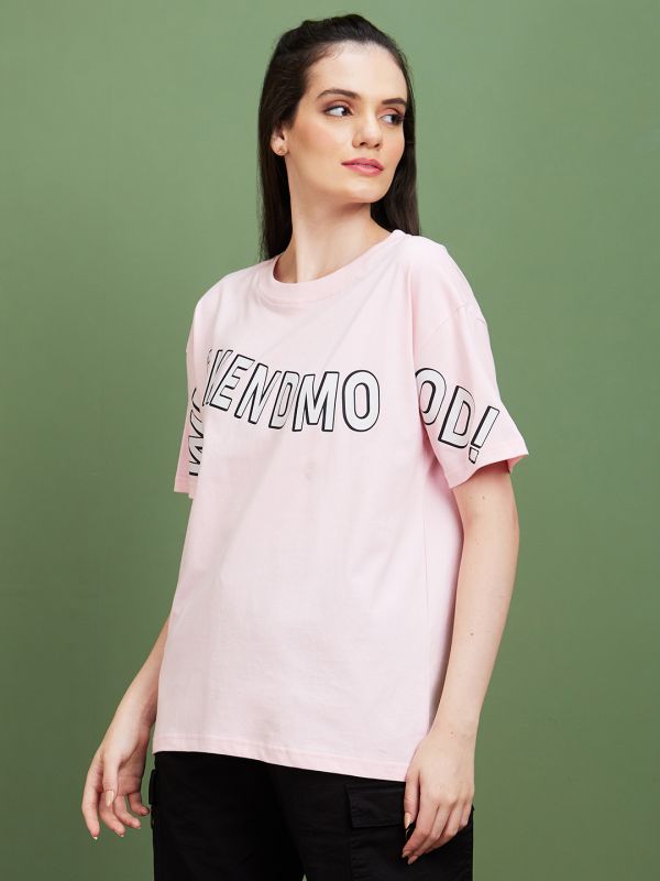 Globus Women Pink Typography Cotton Round Neck Boxy Fit Casual T-Shirt