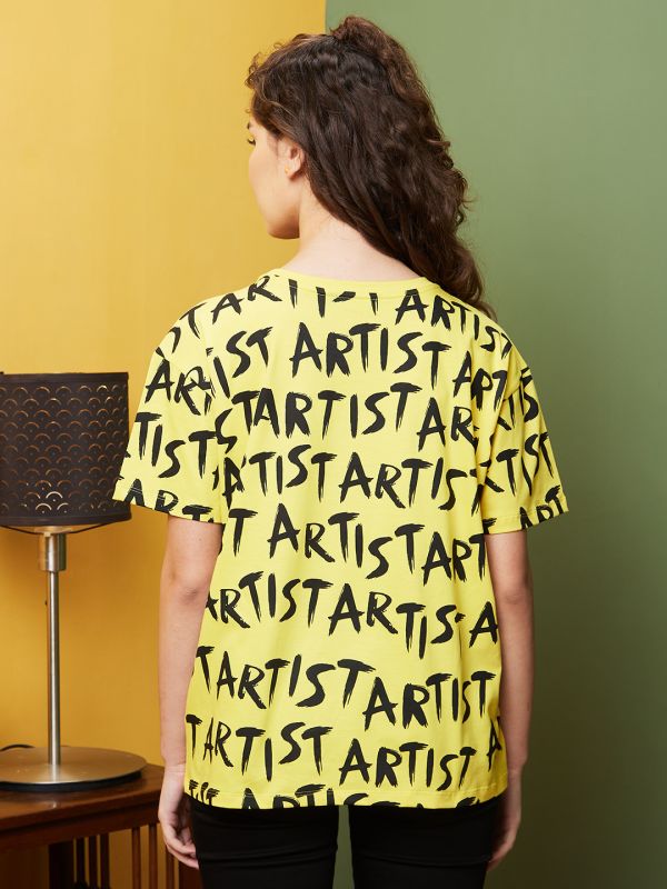 Globus Women Yellow & Black Typography Print Drop Shoulder Boxy Fit T-Shirt