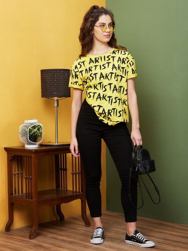 Globus Women Yellow & Black Typography Print Drop Shoulder Boxy Fit T-Shirt