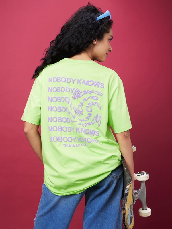 Globus Women Green Oversized Typography Print Cotton T-Shirt