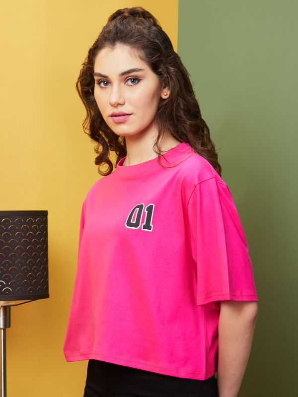 Globus Women Pink Boxy Fit Typography Round Neck T-Shirt