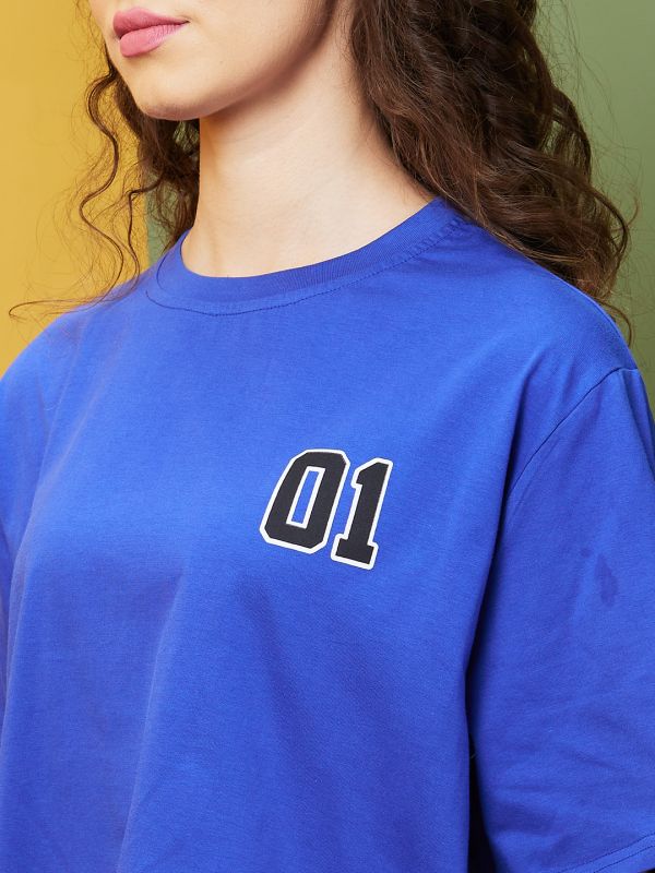 Globus Women Blue Boxy Fit Typography Round Neck T-Shirt