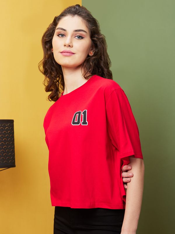 Globus Women Red Typography Printed Drop Shoulder Boxy Fit T-Shirt