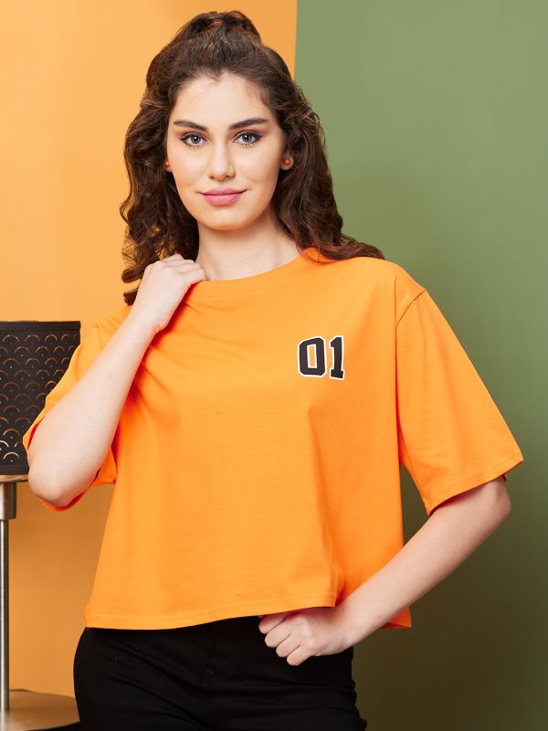 Globus Women Orange Boxy Fit Typography Round Neck T-Shirt