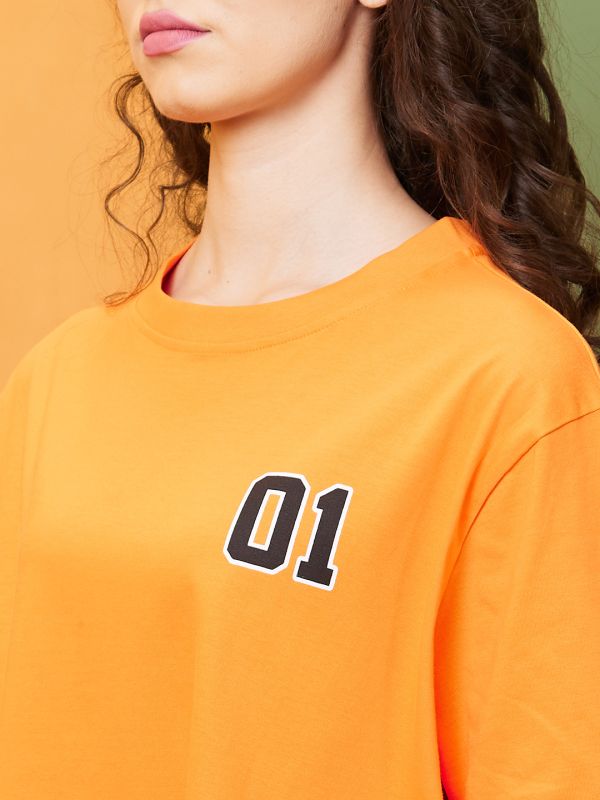 Globus Women Orange Boxy Fit Typography Round Neck T-Shirt