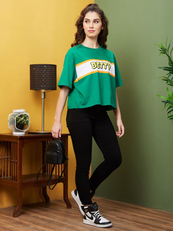 Globus Women Green Boxy Fit Typography Round Neck T-Shirt