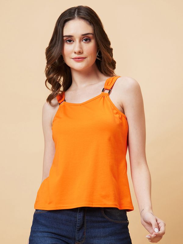 Globus Women Orange Solid D-Ring Tank Top