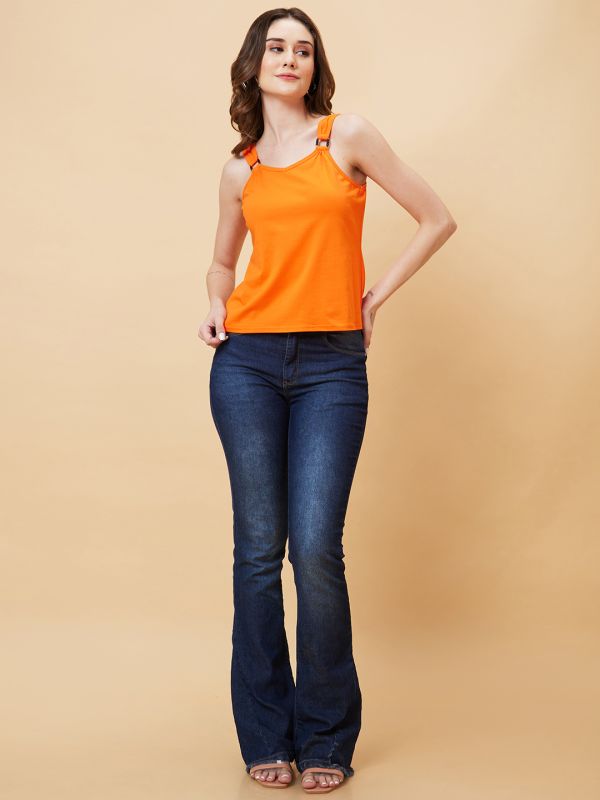 Globus Women Orange Solid D-Ring Tank Top