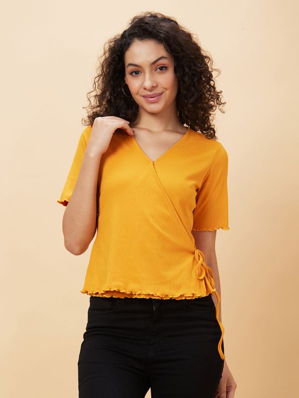 Globus Women Mustard Solid Wrap V-Neck Casual Top