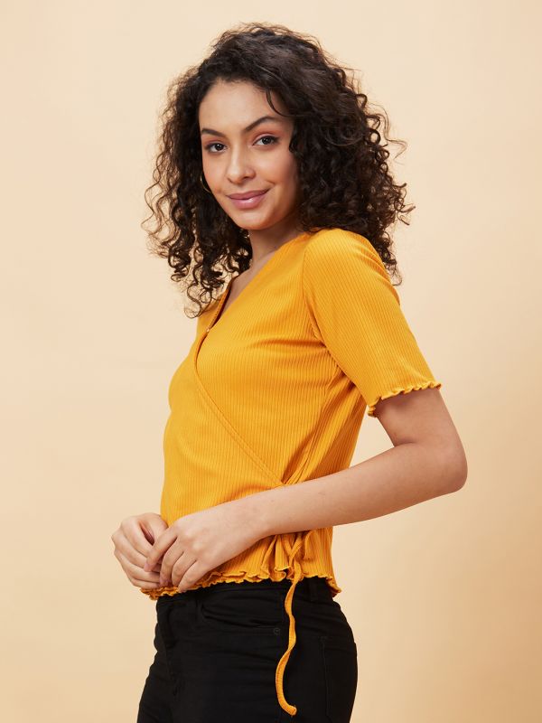 Globus Women Mustard Solid Wrap V-Neck Casual Top