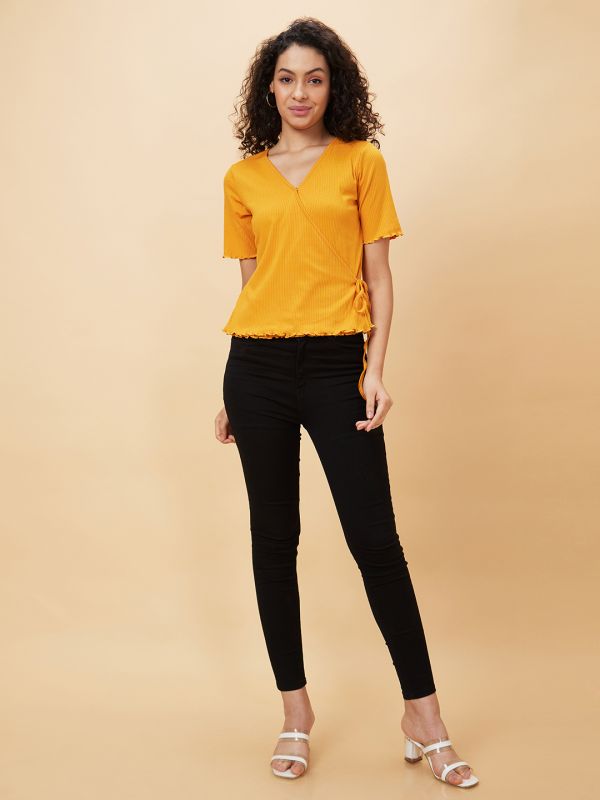 Globus Women Mustard Solid Wrap V-Neck Casual Top