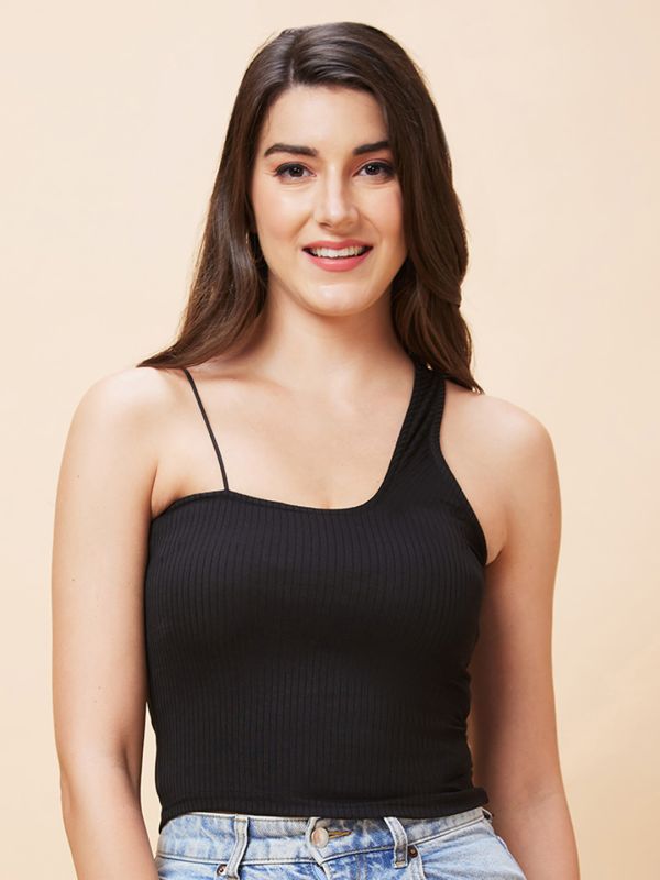 Globus Women Black Solid One Shoulder Ribbed Casual Top