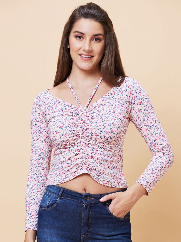 Globus Women Pink Floral Print Ruched Tie-Up Neck Casual Crop Top