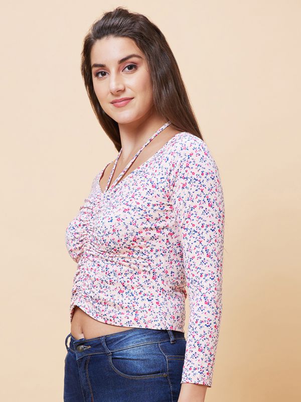 Globus Women Pink Floral Print Ruched Tie-Up Neck Casual Crop Top