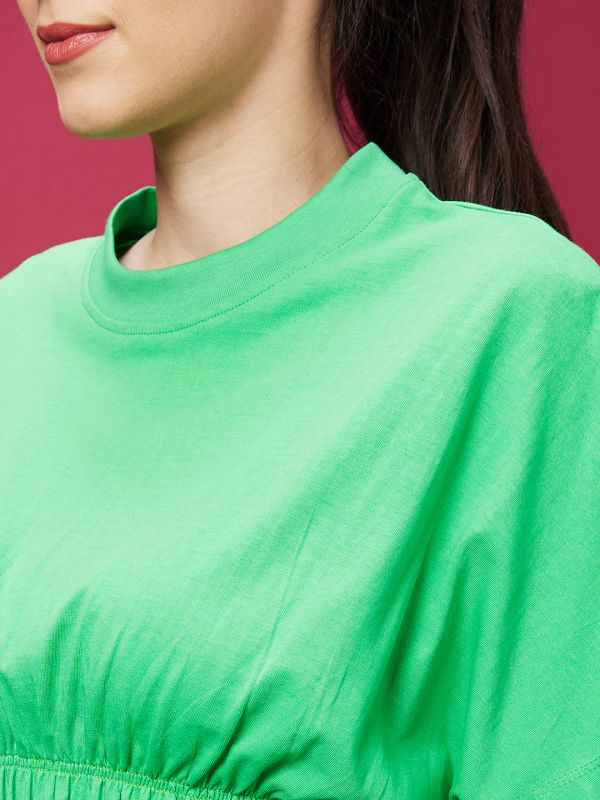 Globus Women Green Solid Round Neck Smocked Casual Top