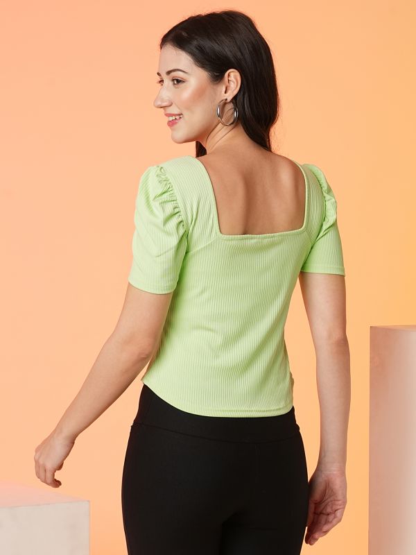 Globus Women Green Square Neck Puff Sleeve Top