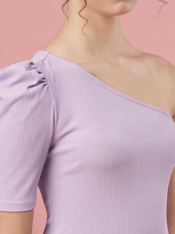 Globus Women Lilac One Shoulder Puff Sleeves Casual Top