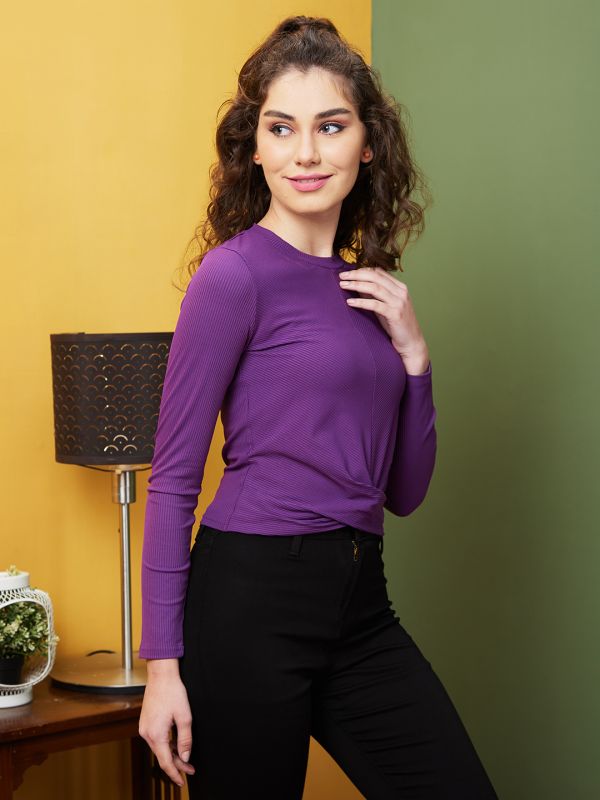 Globus Women Purple Opaque Round Neck Long Sleeves Twisted Top