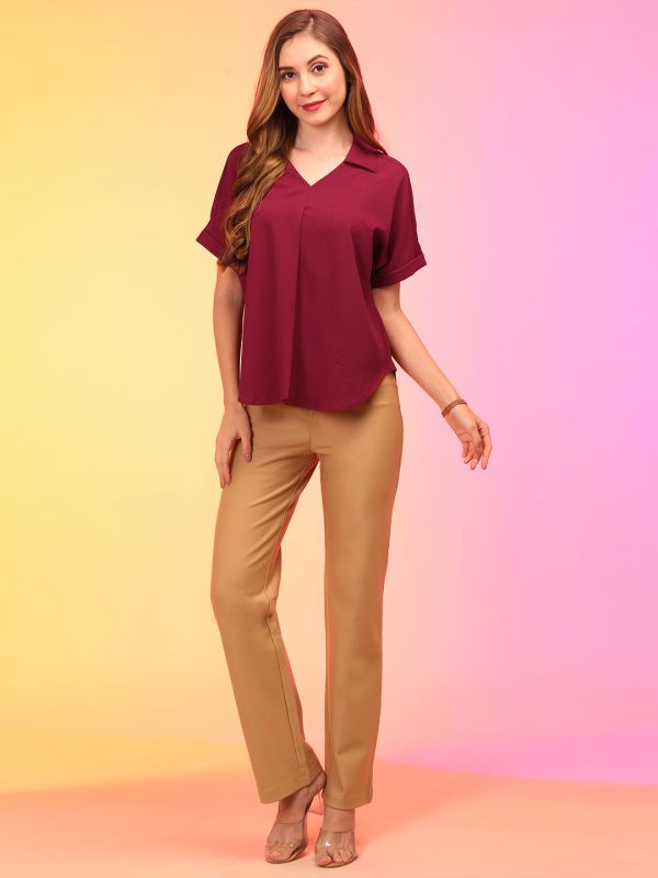 Globus Women Maroon Shirt Collar V-Neck Regular Top