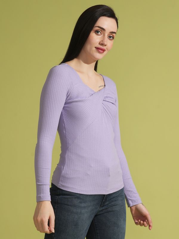 Globus Women Lavender Self Design Rib Sweetheart Neck Long Sleeves Twisted Detail Top