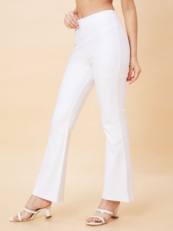 Globus Women White Opaque Stretchable High-Rise Flat Front Bootcut Trousers