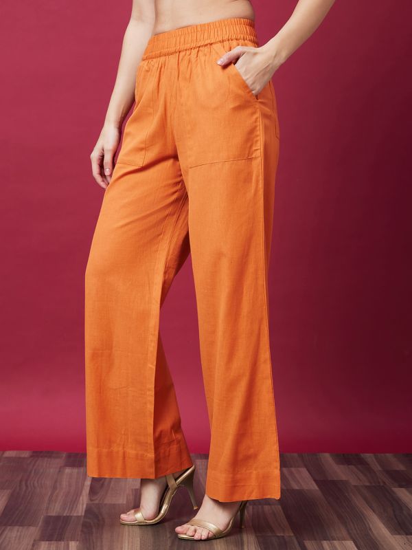 Globus Women Orange Solid High Waisted Casual Parallel Trouser