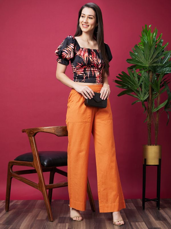 Globus Women Orange Solid High Waisted Casual Parallel Trouser