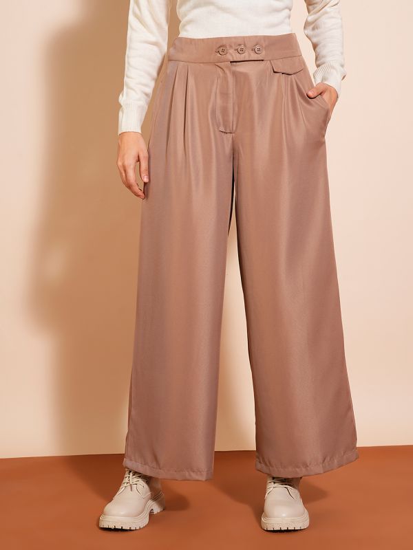 Globus Women Khaki Solid High-Rise Pleated Wide-Leg Workwear Trousers