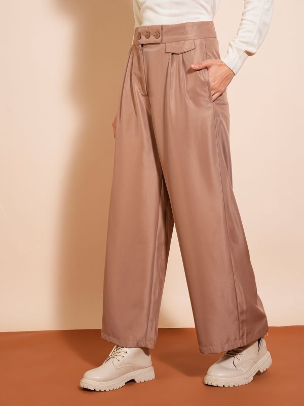 Globus Women Khaki Solid High-Rise Pleated Wide-Leg Workwear Trousers