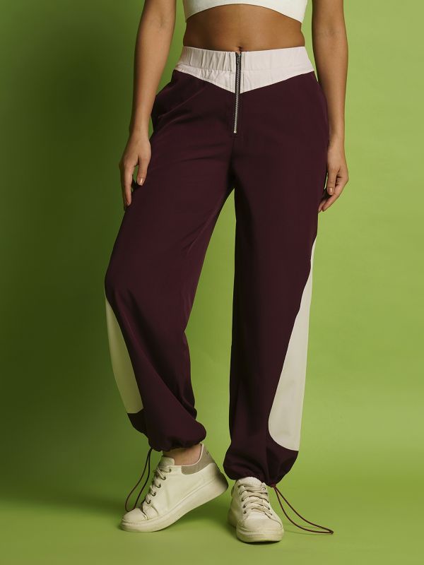 Globus Women Maroon & White Mid Rise Loose Fit Zipper Waist Toggle Hem Joggers