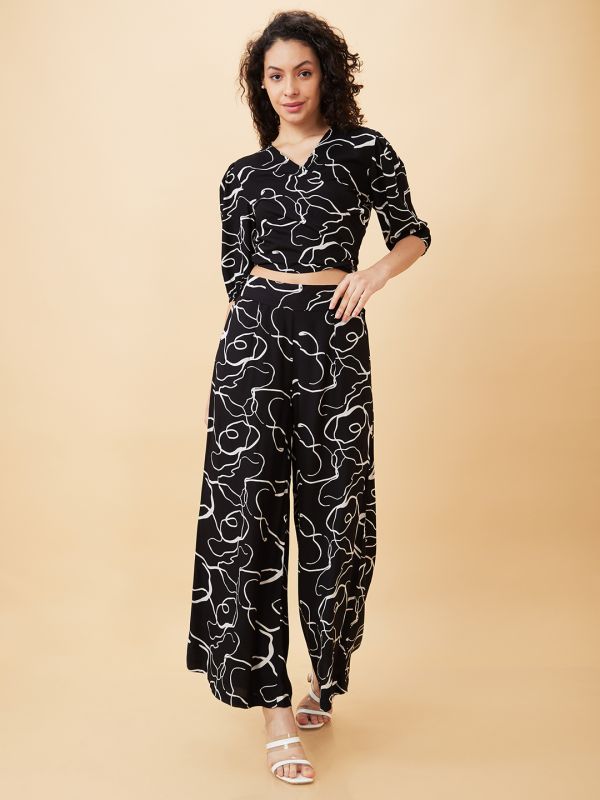 Globus Women Black Abstract Print Wrap Tie-Back Crop Top & Flared Palazzos Co-Ord Set