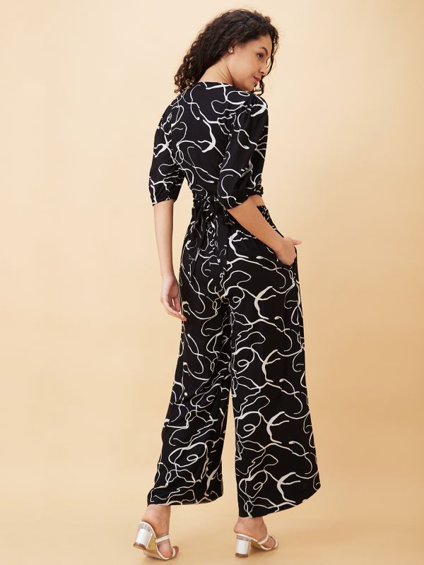 Globus Women Black Abstract Print Wrap Tie-Back Crop Top & Flared Palazzos Co-Ord Set