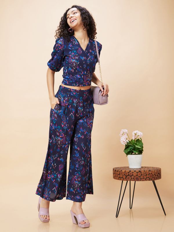 Globus Women Blue Paisley Print Wrap Tie-Back Crop Top & Flared Palazzos Co-Ord Set