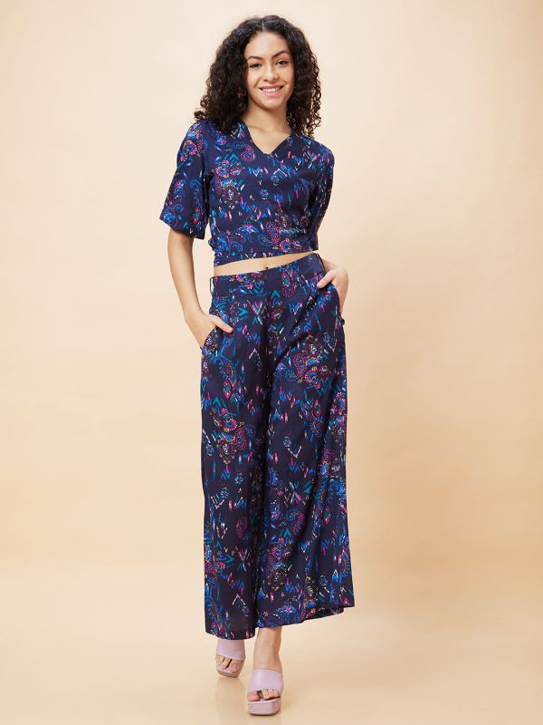 Globus Women Blue Paisley Print Wrap Tie-Back Crop Top & Flared Palazzos Co-Ord Set