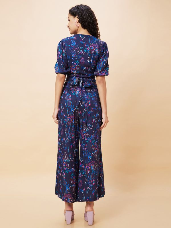 Globus Women Blue Paisley Print Wrap Tie-Back Crop Top & Flared Palazzos Co-Ord Set