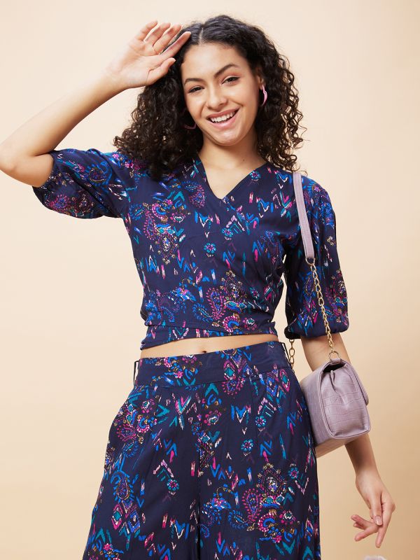 Globus Women Blue Paisley Print Wrap Tie-Back Crop Top & Flared Palazzos Co-Ord Set