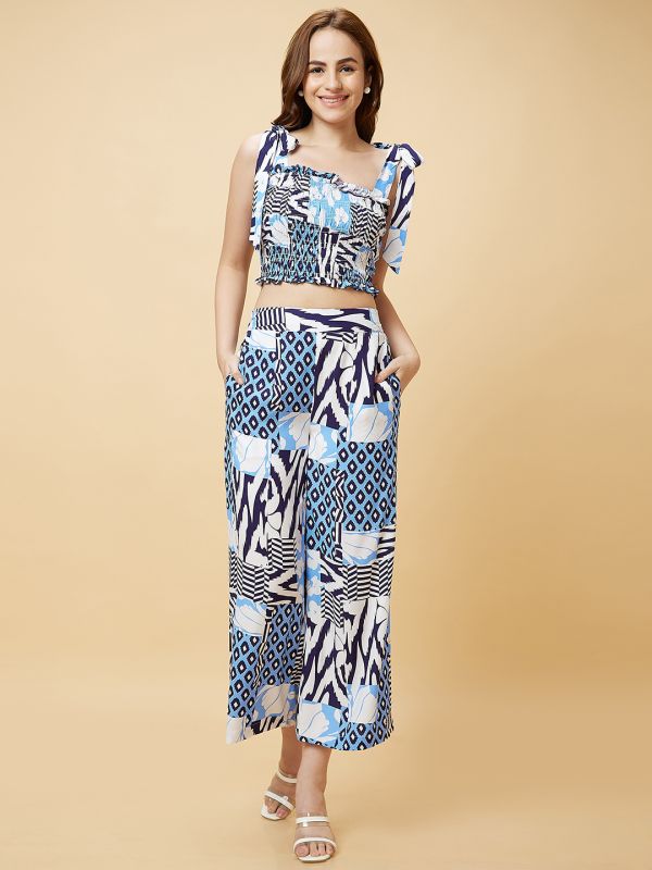 Globus Women Blue Printed Casual Co-Ord Set with Top And Palazzo