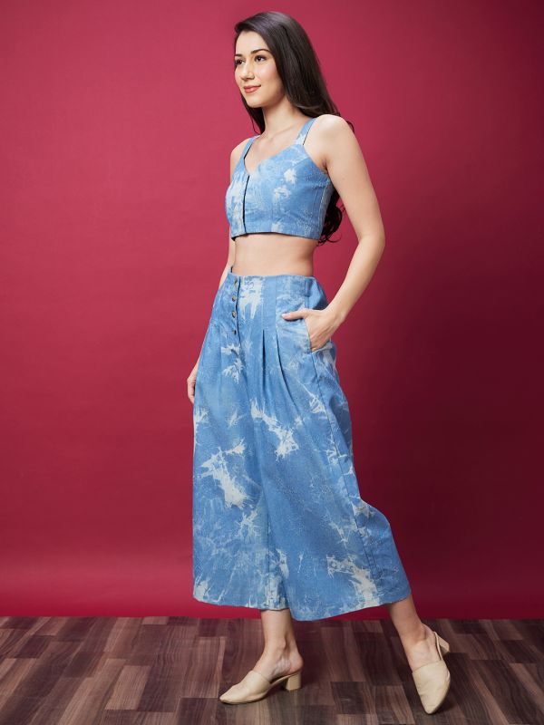 Globus Women Blue Dyed Co-Ord Set With Strappy Top And Trouser