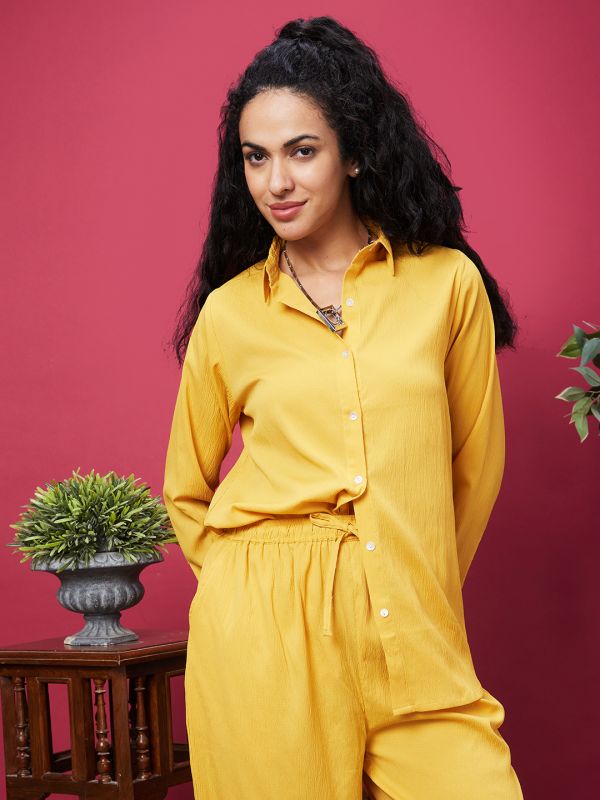 Globus Women Yellow Solid Shirt Collar Co-Ords