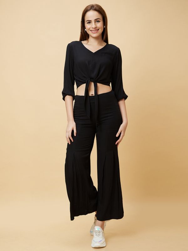 Globus Women Black Solid Casual Co-Ord Set With Crop Top And Palazzo