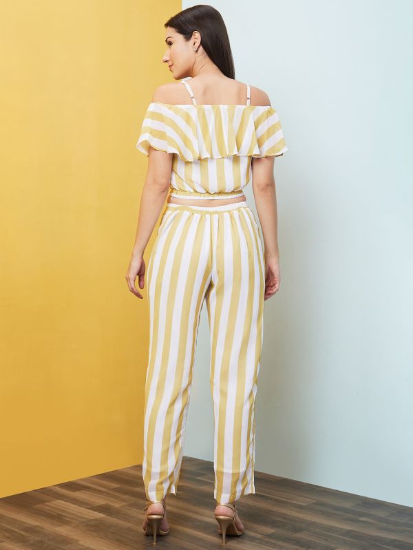 Globus Women Yellow Striped Off-Shoulder Co-Ord With Top & Palazzo